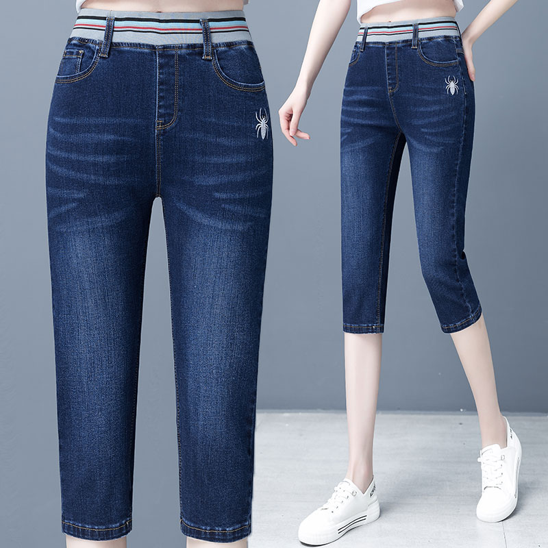夏季薄款松紧腰七分裤牛仔裤女高腰弹力修身显瘦刺绣韩版百搭短裤