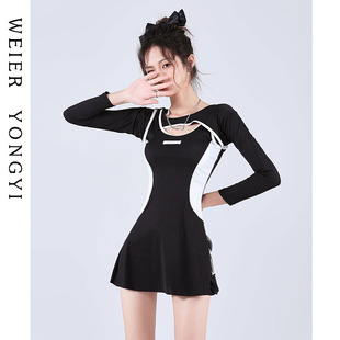 泳衣女2025新款辣妹装韩国ins拼接裙式长袖连体保守遮肚显瘦温泉