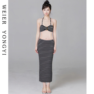 泳衣女款高级感女士绝美抹胸挂脖分体长裙比基尼性感纯欲温泉度假