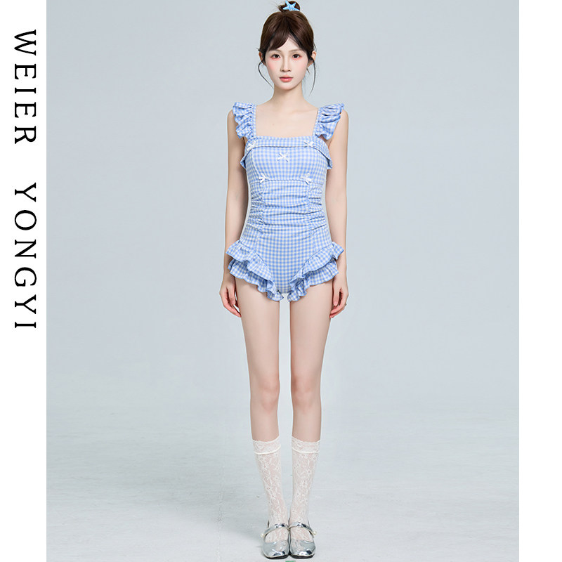 泳衣女2026新款高级感连体吊带荷叶边甜美清新蓝格子遮肉显瘦温泉