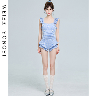 泳衣女2026新款 高级感连体吊带荷叶边甜美清新蓝格子遮肉显瘦温泉