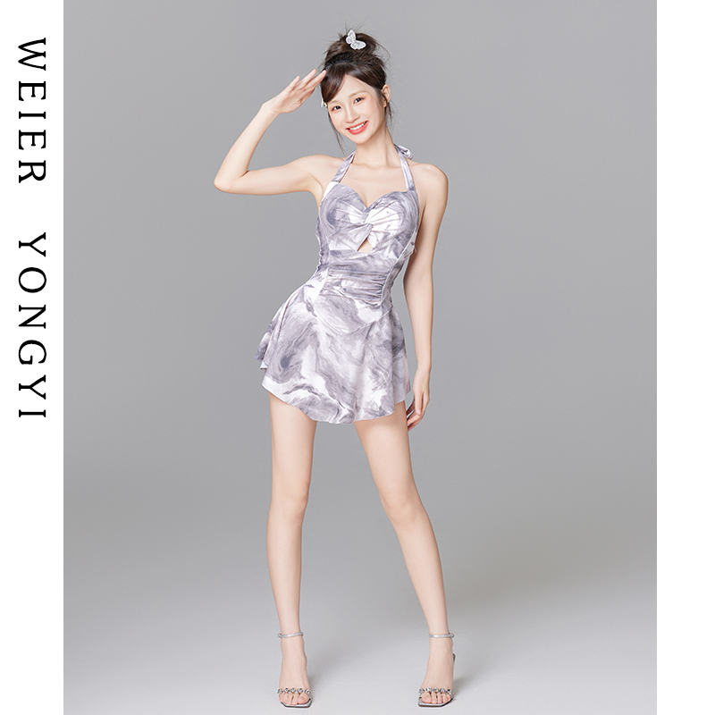 泳衣女款高级感时尚扎染女士连体挂脖露背遮肉收腰显瘦温泉游泳衣