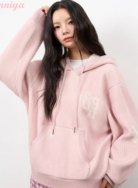 韩国代购 euggen 百搭少女风连帽针织衫宽松休闲保暖字母撞色毛衣