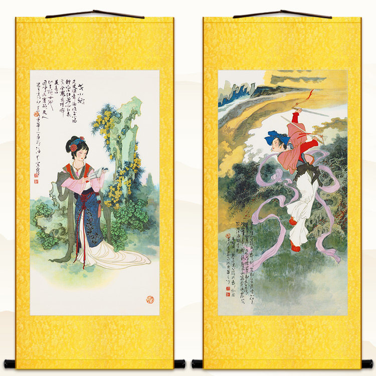 公孙大娘舞剑图 戈小娥古代美女花神仕女人物卷轴挂画 丝绸装饰画