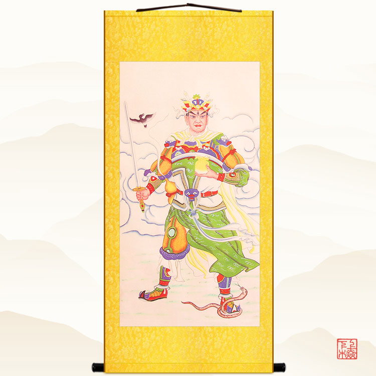 五显灵官马元帅图 华光大帝人物神像画 复古绢布卷轴挂画装饰画