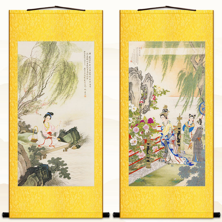 西施浣纱图 贵妃赏花沉香亭人物卷轴挂画 复古书房绢布丝绸装饰画