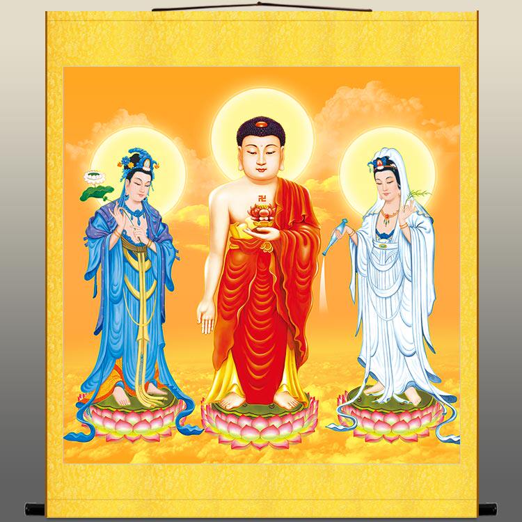 西方三圣佛像画 红衣阿弥陀佛白衣观世音大势至菩萨 佛堂卷轴挂画