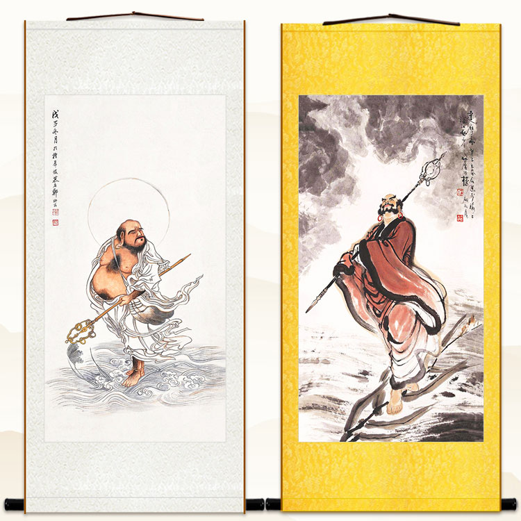 达摩祖师图画像 少林宗师 达摩一苇渡江图丝绸画中式卷轴挂画定制