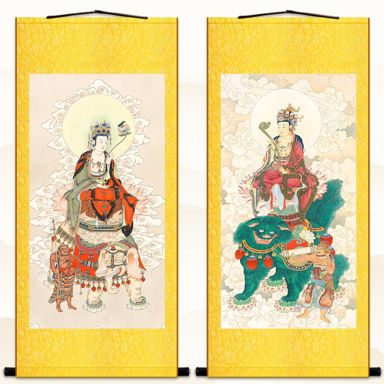 大行普贤大智文殊菩萨佛像画卷轴挂画 复古书房客厅绢布装饰画