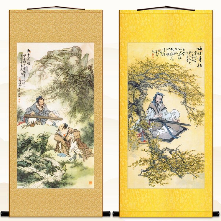高山流水图 梅林清韵高士抚琴图 人物卷轴挂画绢布装饰画丝绸画
