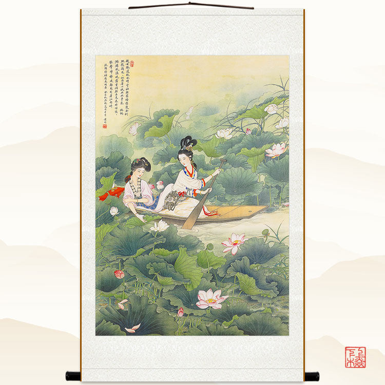 江南越女采莲图 古代仕女人物画像 绢布卷轴挂画复古装饰画丝绸画