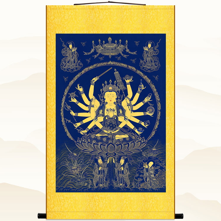 高清古画版 准提菩萨卷轴挂画 观音佛母画像 佛堂客厅佛像装饰画