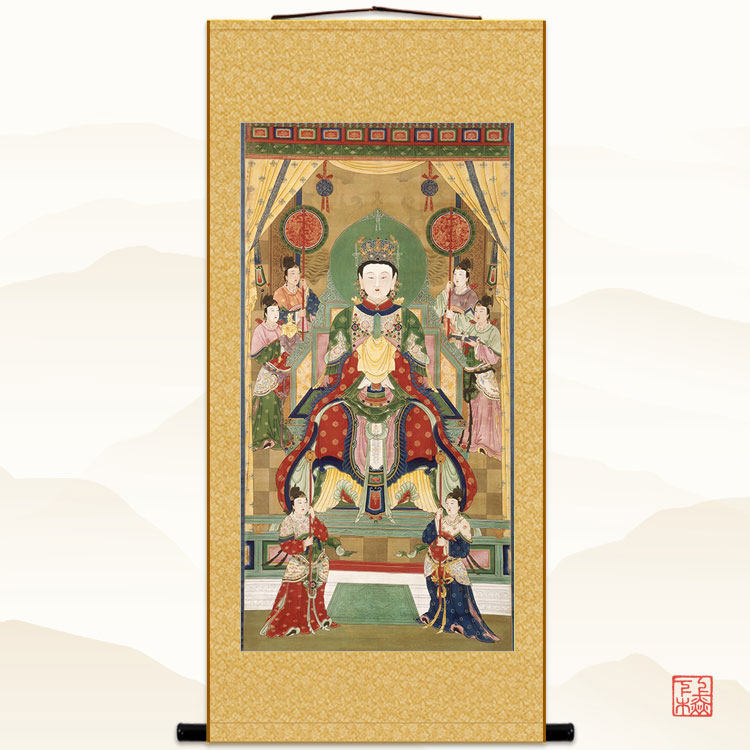 古画版泰山老奶奶画像挂画 碧霞元君娘娘老母装饰画 绢布卷轴画