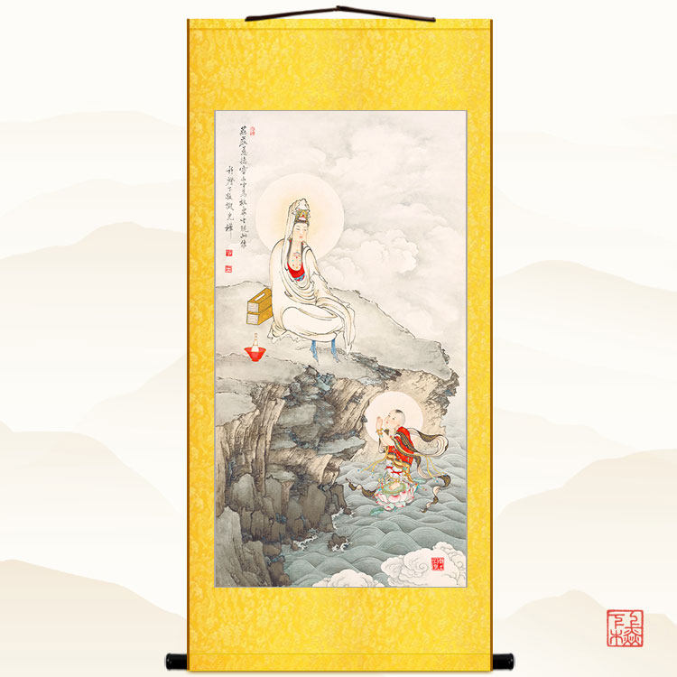 南海观世音菩萨佛像画 童子拜观音图复古佛堂装饰画绢布卷轴挂画