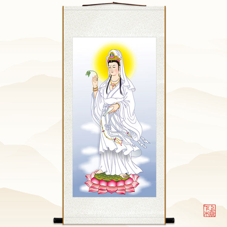 高清莲花白衣观音画像 杨枝观世音菩萨佛像画 佛堂丝绸画卷轴挂画