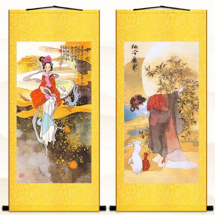 嫦娥白兔图 袖冷广寒 神话仙女人物卷轴挂画 书房绢布丝绸装饰画