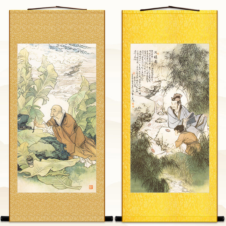 怀素书蕉图 曲水流觞图 文人雅士人物卷轴挂画绢布材质装饰画定制