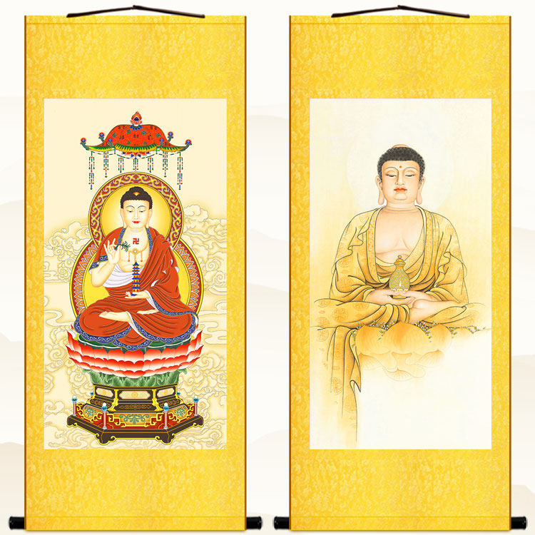 古画版 药师佛画像 药师琉璃光如来绢布卷轴挂画 佛堂客厅装饰画