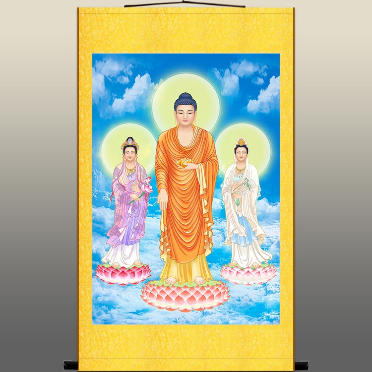 高清西方三圣佛像画 阿弥陀佛接引佛 观音大势至菩萨佛堂卷轴挂画