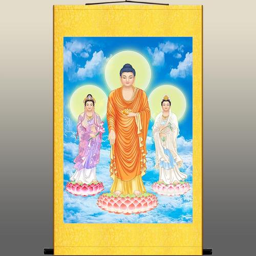 高清西方三圣佛像画 阿弥陀佛接引佛 观音大势至菩萨佛堂卷轴挂画