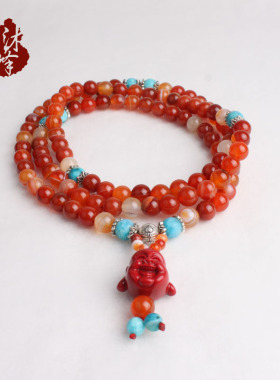 原创红玛瑙绿松石多层弥勒佛手链