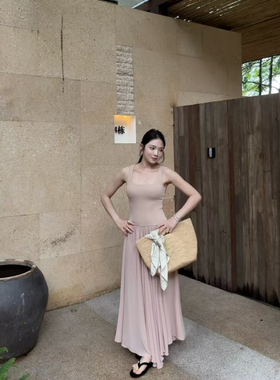 INHERE正品粉色连衣裙女夏季设计感小众背心气质显瘦收腰长裙