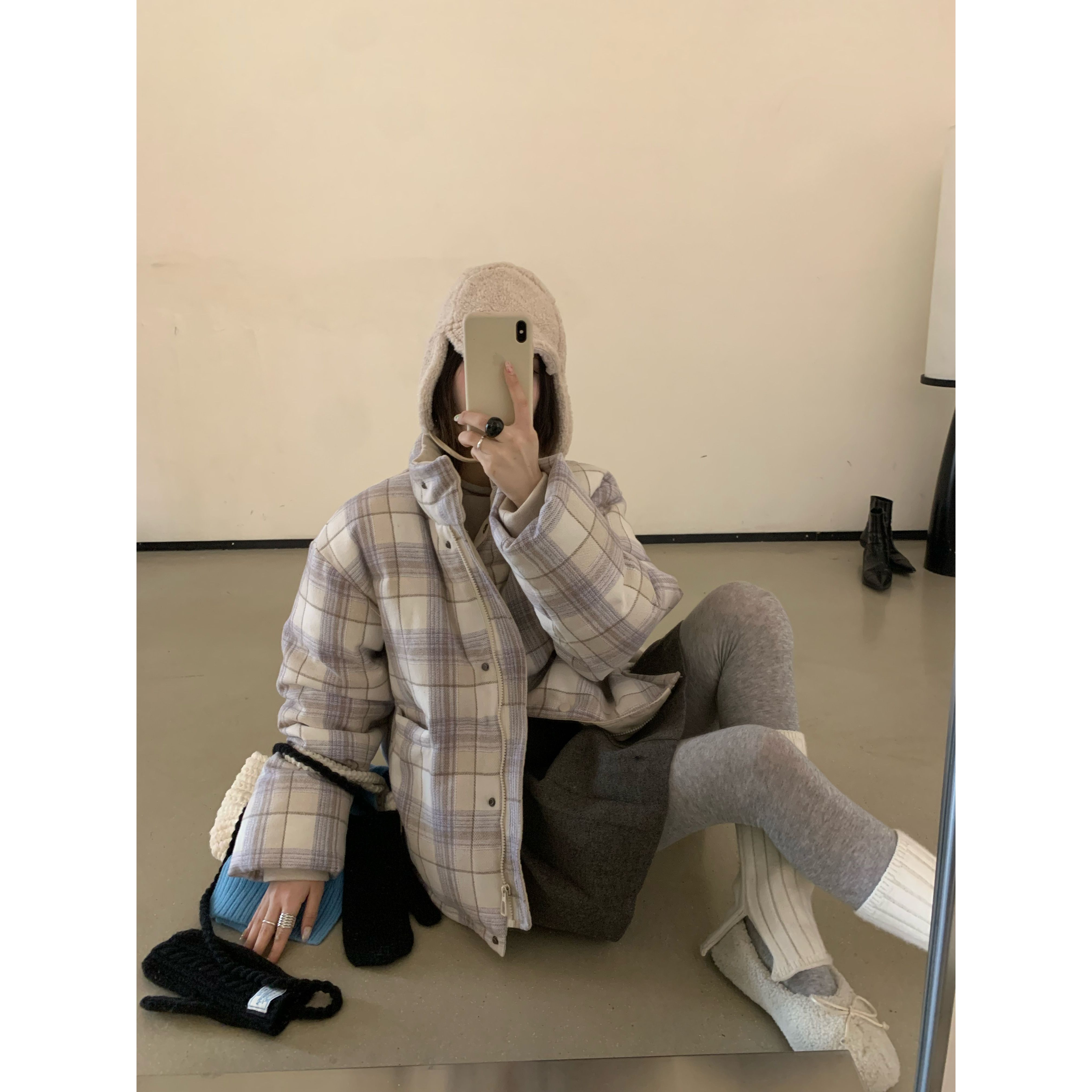 芭尼家-单排扣宽松保暖面包服百搭拼色格子保暖羽绒服外套E10078