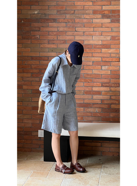 UMA SONG-排扣纯色衬衫+简约休闲短裤两件套套装(配腰带)T20638AB