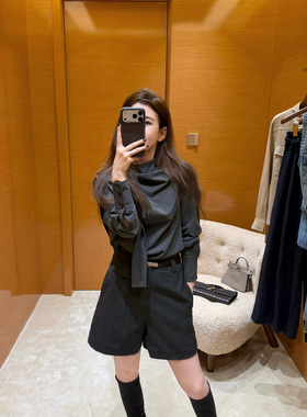 EASE-6年早春大牌设计款蝴蝶结飘带领纯色简约风百搭小衫E26A6054