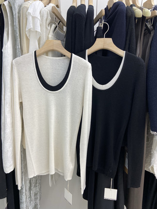 XINYU芯语秋冬撞色圆领长袖针织衫女修身显瘦百搭打底毛衣上衣