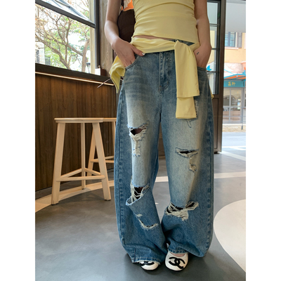 DMW BOUTIQUE-美式水洗破洞宽松显瘦阔腿拖地休闲直筒牛仔裤88192