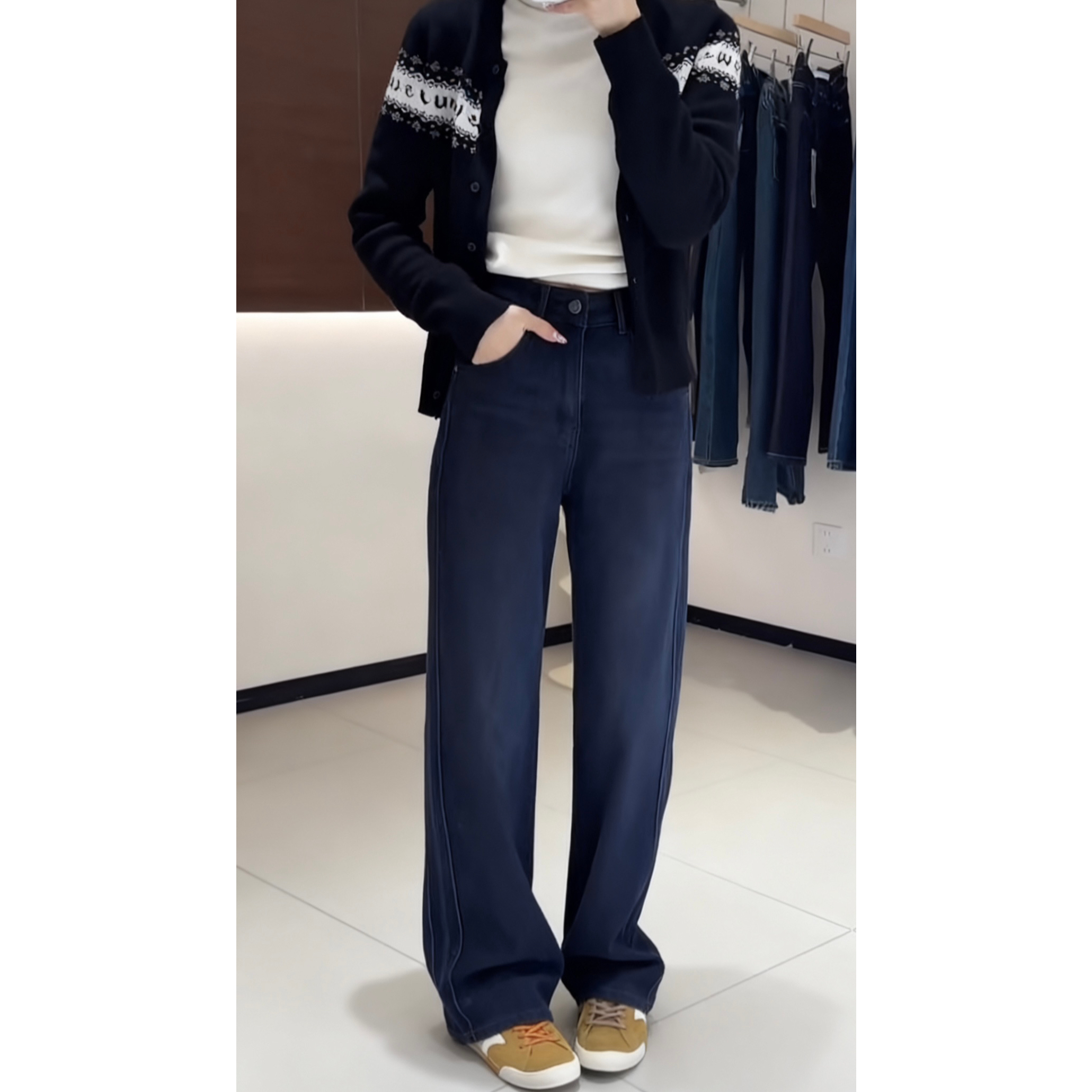 代嘉儿一条Miu蓝黑四面弹暖绒直筒阔腿裤款牛仔裤99969-1绒