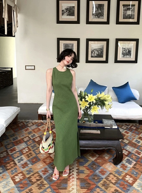 SAVAGE法式复古极简百搭圆领绑带设计侧开叉长款苎麻连衣裙A06350