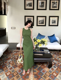 SAVAGE法式复古极简百搭圆领绑带设计侧开叉长款苎麻连衣裙A06350