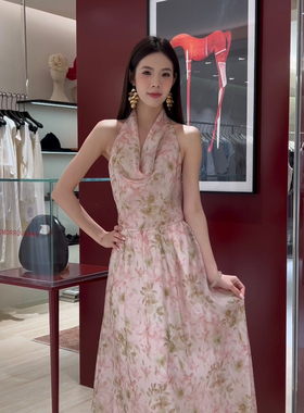 TOMORROW ANN-26夏上新碎花荡领挂脖度假长款连衣裙13007