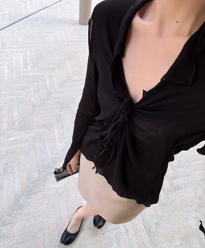 INHERE微透长袖v领黑色衬衫女夏季薄款防晒开衫小众纯欲上衣