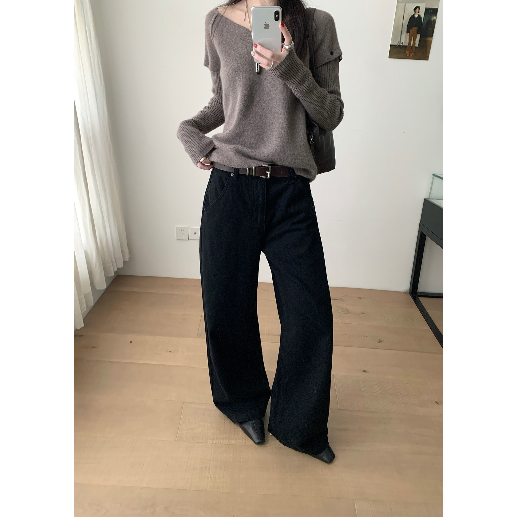 TABLE-搭黑色阔腿直筒裤遮肉显瘦加厚加绒保暖通勤休闲牛仔裤9605