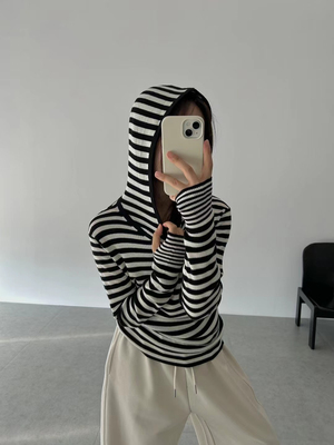 GLOG小头帽子衫24秋美丽诺羊毛针织衫时尚修身连帽设计感条纹上衣