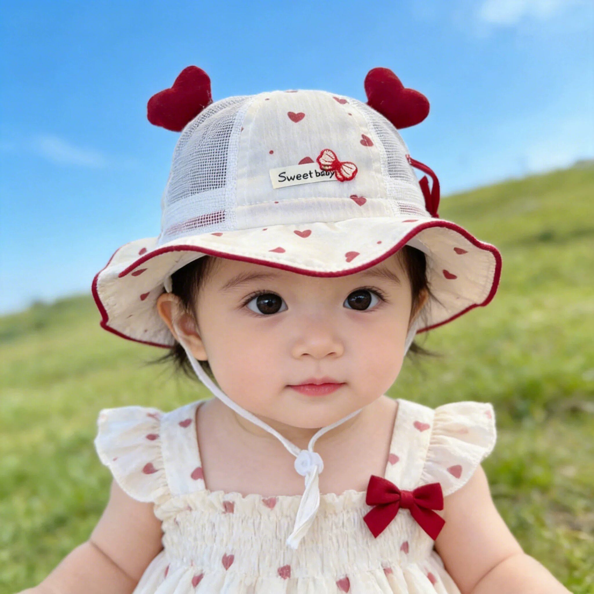 婴幼儿帽子夏季网薄款甜美爱心大檐渔夫帽遮阳防晒女童宝宝太阳帽