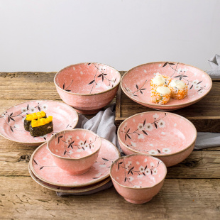 日本制进口陶瓷釉下彩餐具菜盘汤盘碗碟日式和风粉樱花家用咖喱盘