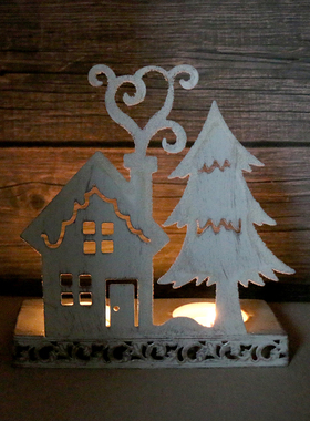 做旧铁艺烛台 圣诞树房子蜡烛投影烛台 复古桌面摆件拍摄道具