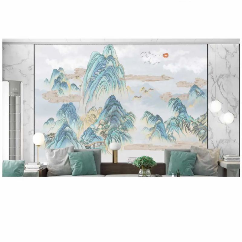 定制新中式千里江山背景 客厅卧无缝墙布/无缝壁布
