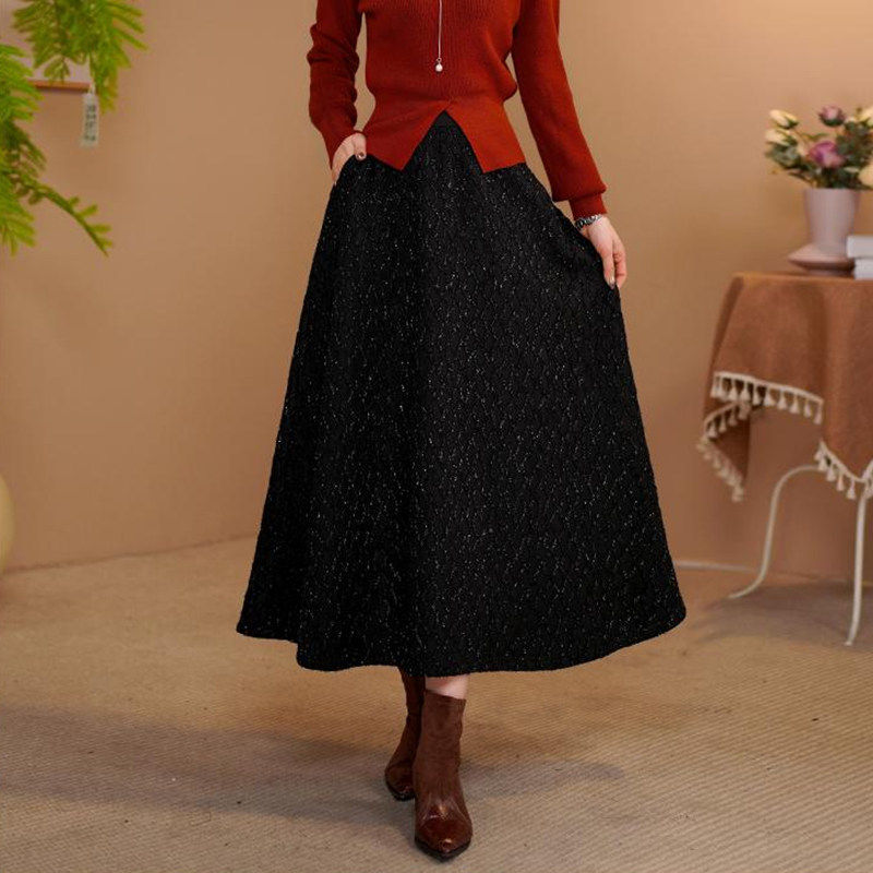 加绒加厚亮丝格纹长款气质半身裙女2025冬季新款有口袋显瘦A字裙