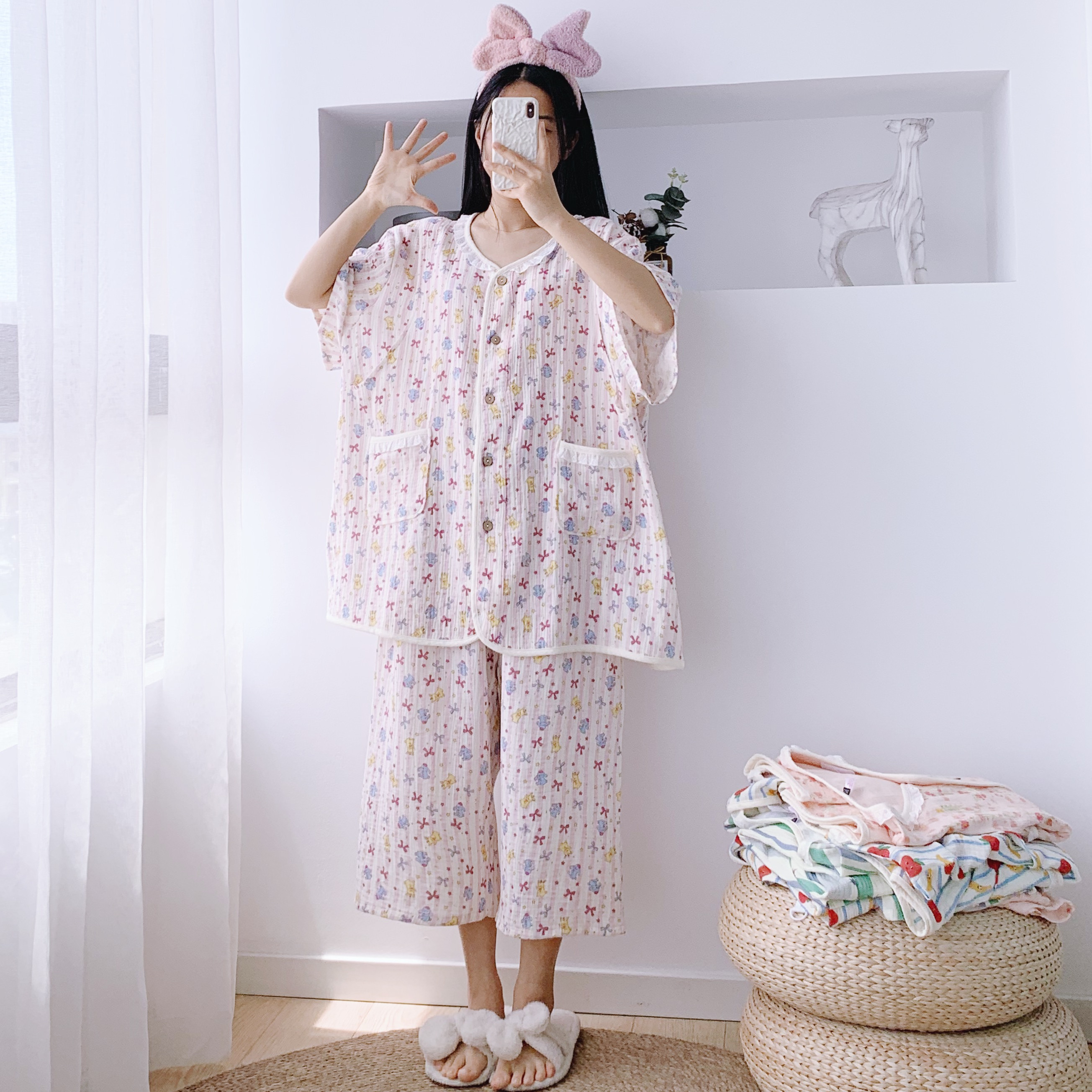 哺乳短袖七分裤花边纯棉双层纱开衫睡衣大码宽松胖MM孕产妇月子服