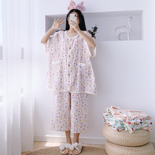 纯棉双层纱开衫哺乳月子睡衣套装