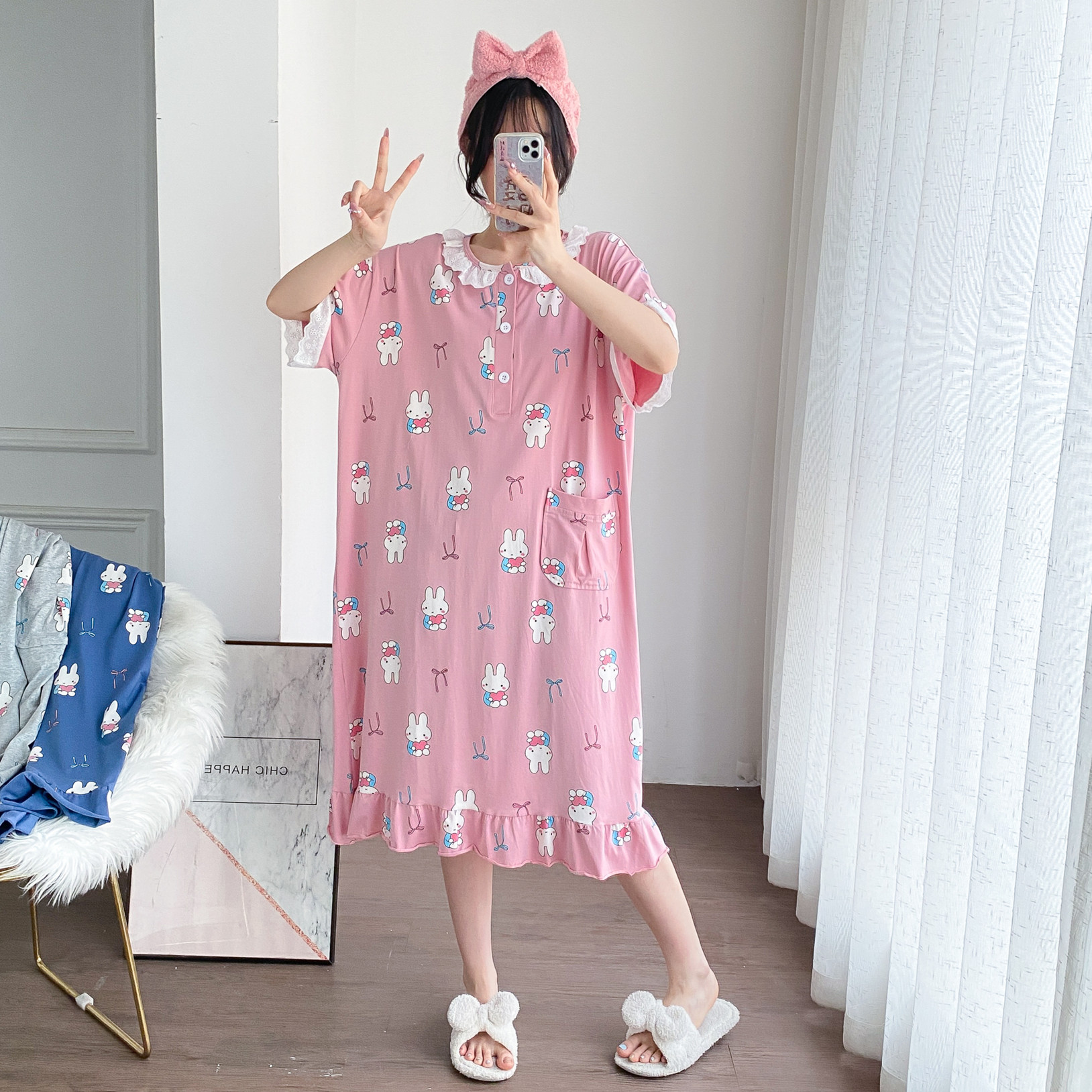 夏季针织棉加大码孕妇长款睡裙