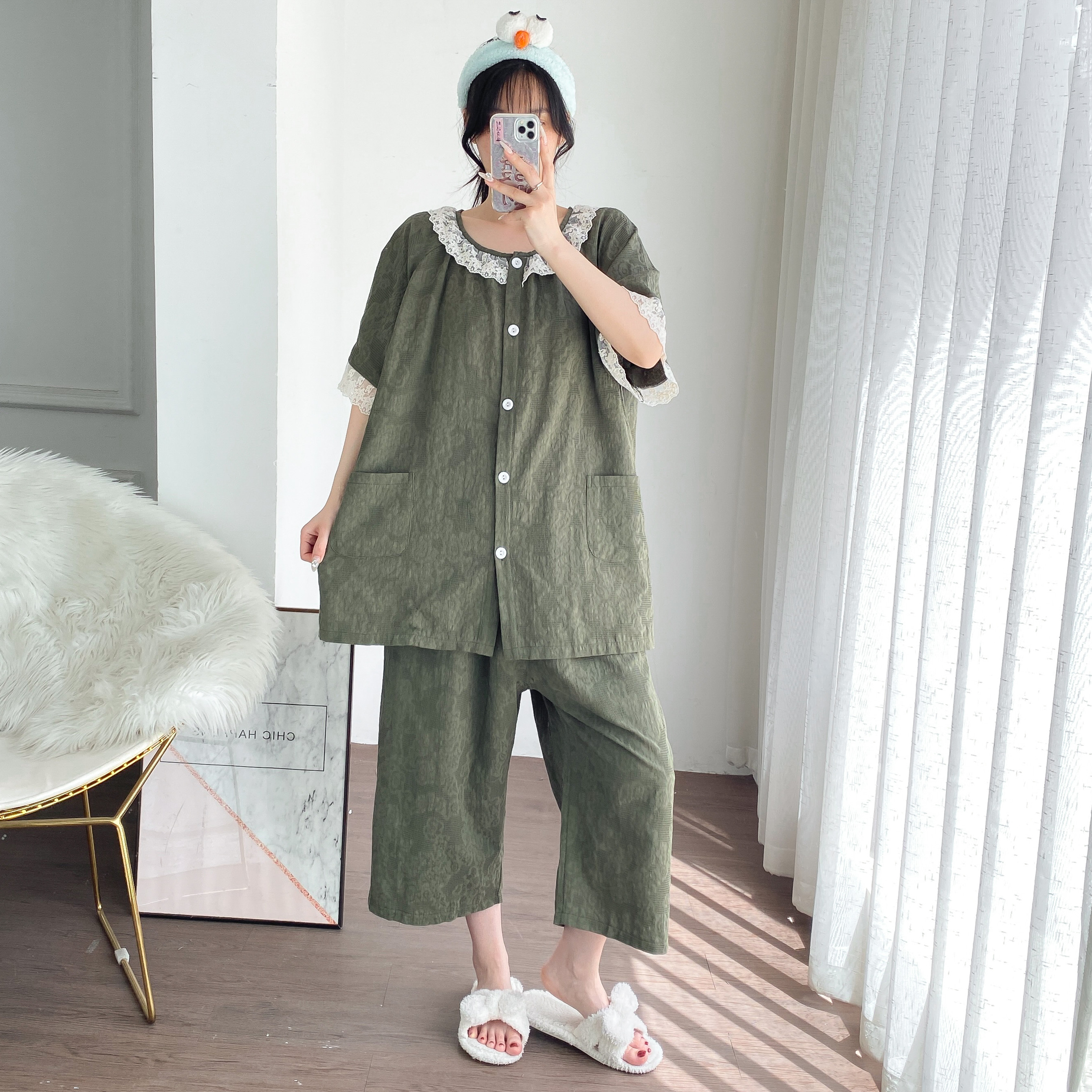 夏季花边提花纯棉纱布睡衣女大码短袖七分裤套装胖MM200斤家居服