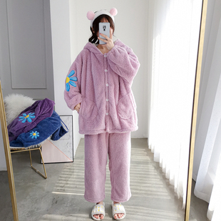 连帽珊瑚加厚保暖绒两件套胖mm家居服 开衫 加大码 法兰绒睡衣女冬季