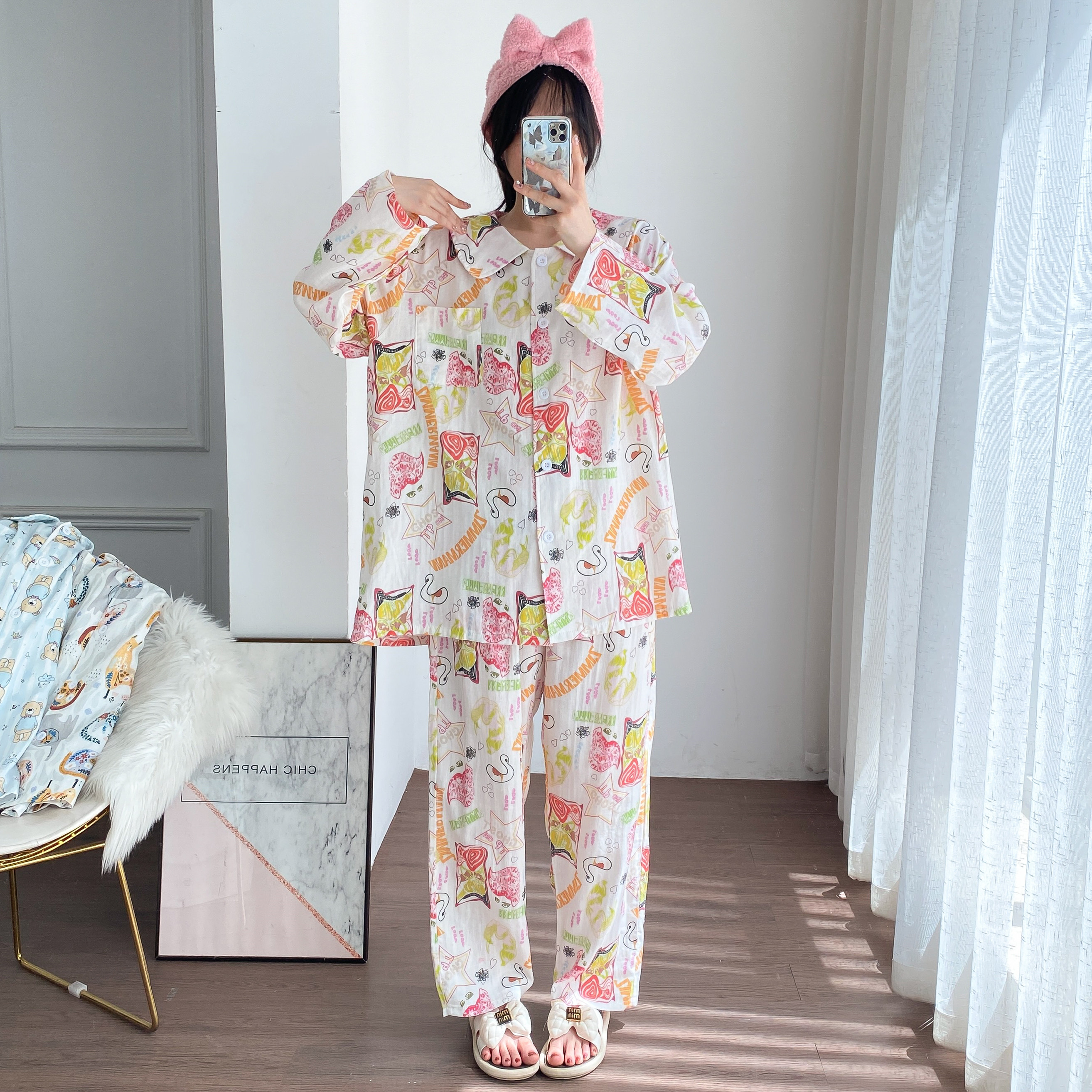 大翻领纯棉双层纱布睡衣女长袖