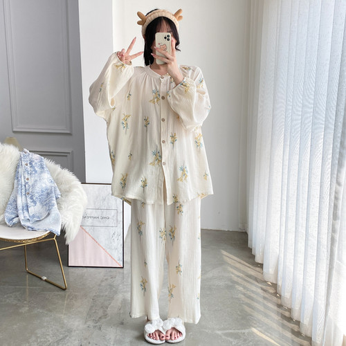 女纯棉纱布开衫家居服睡衣